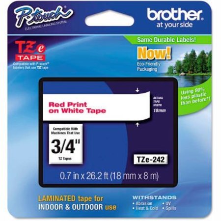 BROTHER INTERNATIONAL Brother P-Touch TZe Labeling Tape, 3/4inW, Red on White TZE242